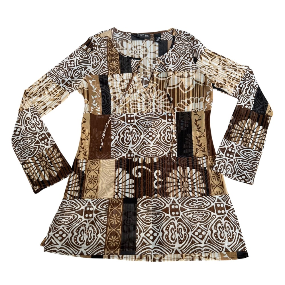 Vintage Y2K New York & Co Sheer Patchwork Tunic Top M Brown Boho Whimsigoth